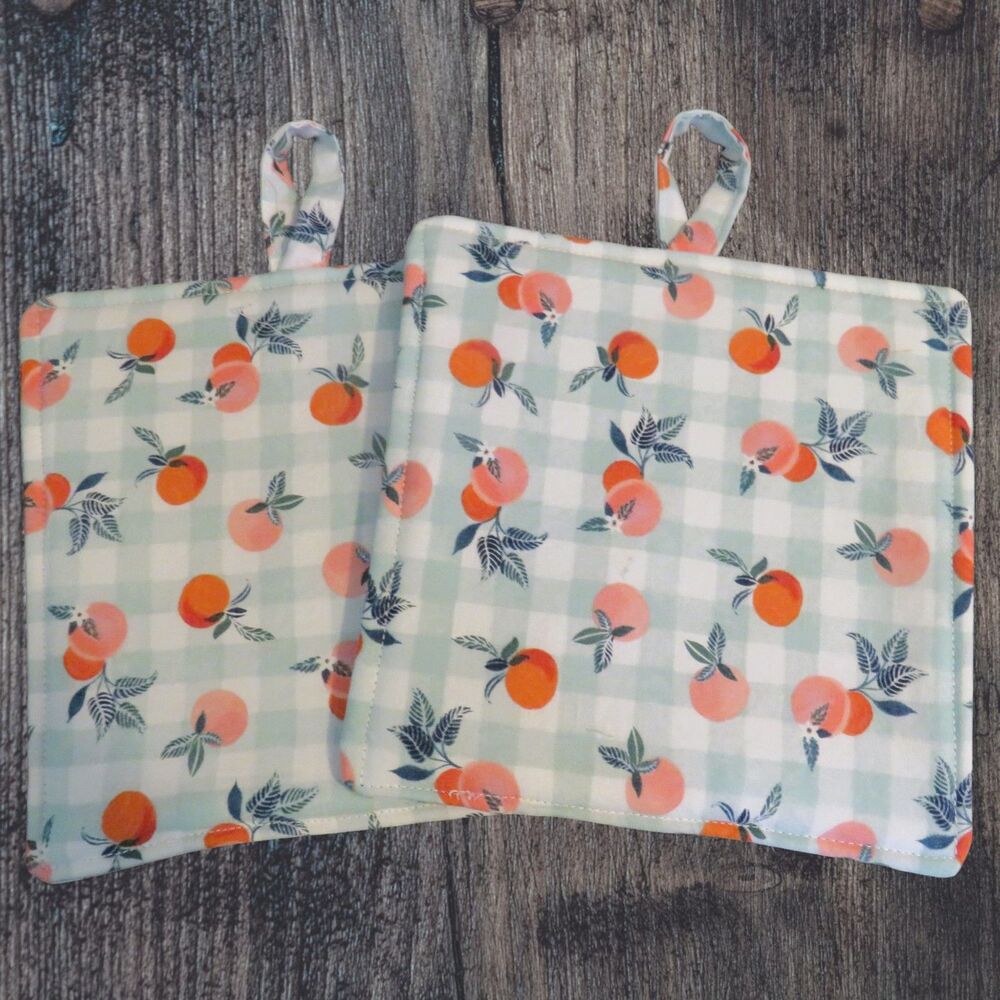 Handmade Potholder, Peaches and Gingham Hot Pad, Set of 2, Gift Under Ten